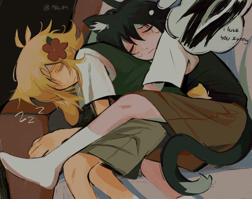 2boys animal_ears antenna_hair artist_name arum_0m0 basil_(faraway)_(omori) basil_(omori) black_hair black_sweater_vest blonde_hair brown_shorts cat_boy cat_ears cat_tail closed_eyes closed_mouth collared_shirt flower green_sweater_vest hair_flower hair_ornament highres kemonomimi_mode lying male_focus multiple_boys omori on_side rabbit_boy rabbit_ears rabbit_tail shirt short_hair short_sleeves shorts sidelocks sleeping socks something_(omori) spoilers sunny_(omori) sweater_vest tail white_shirt white_socks yaoi zzz
