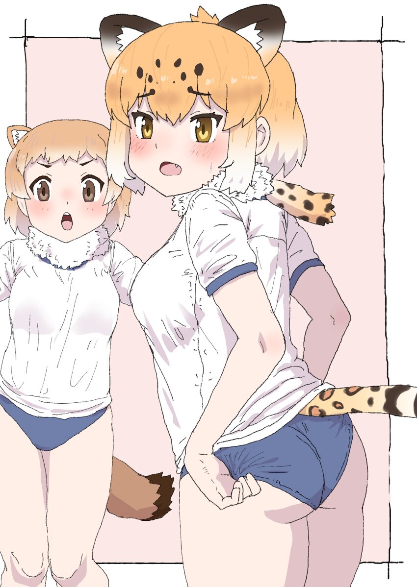 2girls absurdres adjusting_buruma adjusting_clothes animal_ears animal_print ass bare_arms black-tailed_prairie_dog_(kemono_friends) blue_buruma blush border brown_eyes brown_hair buruma extra_ears fang fur_collar fur_scarf furrowed_brow gym_shirt gym_uniform highres jaguar_(kemono_friends) jaguar_ears jaguar_girl leopard_print jaguar_tail kemono_friends kumasyan1998 looking_at_viewer medium_hair multicolored_hair multiple_girls open_mouth orange_hair outside_border print_scarf scarf shirt short_sleeves standing tail two-tone_hair v-shaped_eyebrows white_border white_hair white_shirt yellow_eyes