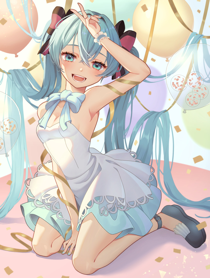 1girl absurdres aqua_eyes aqua_hair armpits balloon bow breasts dress hair_bow hair_ornament hatsune_miku highres long_hair looking_at_viewer nagi-negitoro open_mouth ribbon small_breasts smile solo twintails v very_long_hair vocaloid white_dress