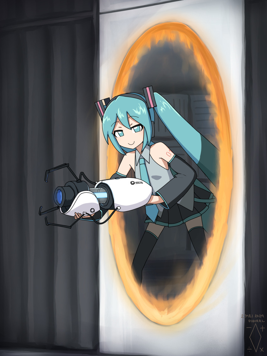 1girl absurdres aperture_science_handheld_portal_device aqua_eyes aqua_hair aqua_necktie black_skirt black_sleeves black_thighhighs closed_mouth collared_shirt commentary detached_sleeves digiral english_commentary expressionless grey_shirt hair_between_eyes hair_ornament half-closed_eyes hatsune_miku headphones highres holding leaning_forward long_hair long_sleeves looking_at_viewer miniskirt necktie number_tattoo pleated_skirt portal_(object) portal_(series) shirt shoulder_tattoo sidelocks skirt sleeveless sleeveless_shirt smile solo standing tattoo thighhighs twintails very_long_hair vocaloid zettai_ryouiki