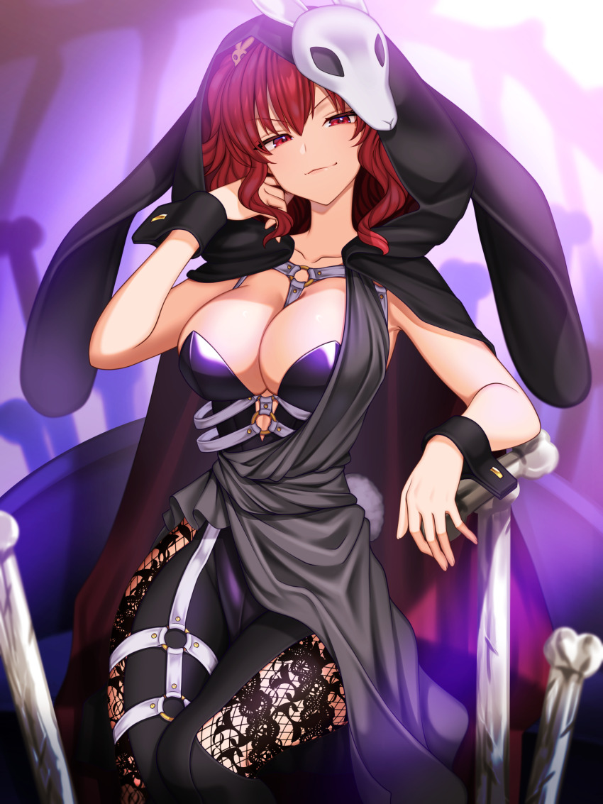 1girl absurdres alternate_costume animal_hood black_pantyhose blurry blurry_background bone breasts cleavage closed_mouth commission commissioner_upload fishnet_pantyhose fishnets half-closed_eyes hand_in_own_hair highres hood large_breasts leotard looking_at_viewer mask medium_hair mitama_mudimudi non-web_source onozuka_komachi onozuka_komachi_(bunny_reaper) pantyhose playboy_bunny purple_background purple_leotard rabbit_hood rabbit_mask red_eyes red_hair skeb_commission smug solo touhou touhou_lostword v-shaped_eyebrows variant_set