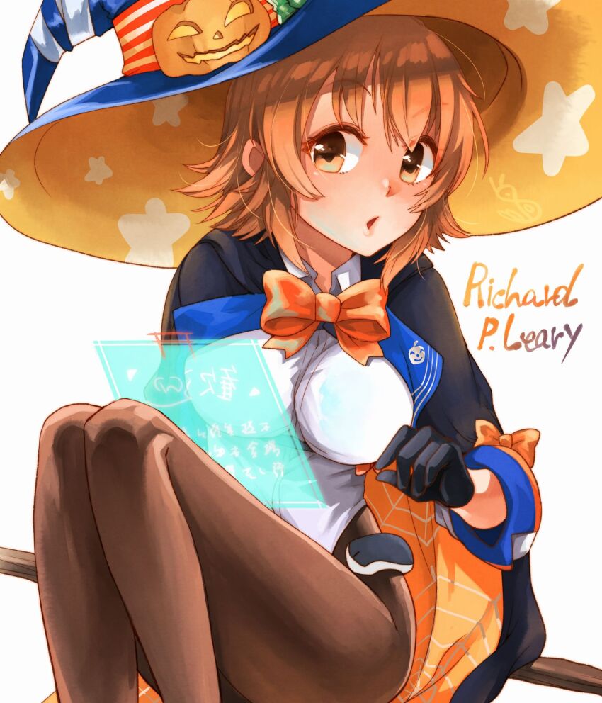 1girl black_cape black_gloves black_pantyhose blue_hat bow breasts broom broom_riding brown_eyes brown_hair cape character_name gloves halloween_costume hat highleg highleg_leotard highres holographic_interface kantai_collection leotard looking_at_viewer medium_breasts oeoeuhoho orange_bow orange_cape pantyhose richard_p._leary_(halloween)_(kancolle) richard_p._leary_(kancolle) richard_p._leary_kai_(kancolle) short_hair sleeved_leotard two-sided_cape two-sided_fabric white_leotard witch_hat