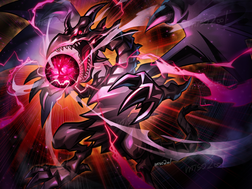 artist_name aura black_skin colored_skin dragon duel_monster electricity full_body highres miso2oo1 motion_lines no_humans powering_up red-eyes_black_dragon red_eyes sharp_teeth solo speed_lines teeth wings yu-gi-oh!