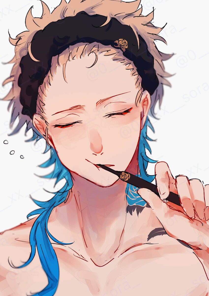1boy absurdres arm_up black_hairband blonde_hair blue_flower blue_hair blue_lock blue_rose brushing_teeth closed_eyes collarbone commentary_request flower flower_tattoo gradient_hair hair_pulled_back hairband highres holding holding_toothbrush male_focus michael_kaiser multicolored_hair neck_tattoo nude rose simple_background sleepy solo squeans tattoo toothbrush white_background z_(user_asha7224)