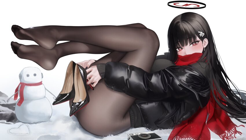 1girl abab_xiaxia alternate_costume black_hair black_halo black_jacket black_nails black_pantyhose black_shoes blue_archive breasts bright_pupils camera christian_louboutin_(brand) covered_mouth earrings feet hair_ornament hairclip halo high_heels highres holding holding_shoes holding_unworn_clothes jacket jewelry knees_up large_breasts legs long_hair looking_at_viewer louboutins lying nail_polish on_back pantyhose patent_heels pumps red_eyes red_scarf red_soles rio_(blue_archive) scarf shoes snow snowman soles solo stiletto_heels thighs toes unworn_shoes very_long_hair white_pupils