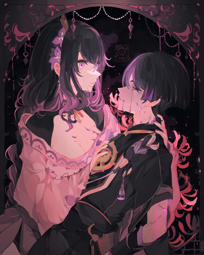 1boy 1girl arm_at_side black_background black_bodysuit black_hair black_kimono black_rope black_shrug black_sleeves blood blood_from_mouth blood_on_breasts bloody_tears blunt_ends bodysuit border breasts cleavage closed_eyes closed_mouth cracked_skin crying crying_with_eyes_open curly_ends eyelashes facing_another flower genshin_impact gold grey_trim hair_flower hair_ornament han&#039;eri hand_on_another&#039;s_back hand_on_another&#039;s_chest highres ichigoh japanese_clothes jewelry kimono layered_kimono layered_sleeves long_hair looking_at_another low-braided_long_hair low-tied_long_hair mandarin_collar mitsudomoe_(shape) mother_and_son multicolored_hair neck_ring o-ring off_shoulder open_clothes open_kimono ornate_border pink_eyes pink_hair pink_kimono purple_flower purple_nails purple_rope raiden_shogun red_flower red_kimono red_ribbon ribbon rope scaramouche_(genshin_impact) shimenawa shrug_(clothing) side_slit sidelocks spider_lily streaked_hair tassel tears tomoe_(symbol) white_kimono white_rope wide-eyed