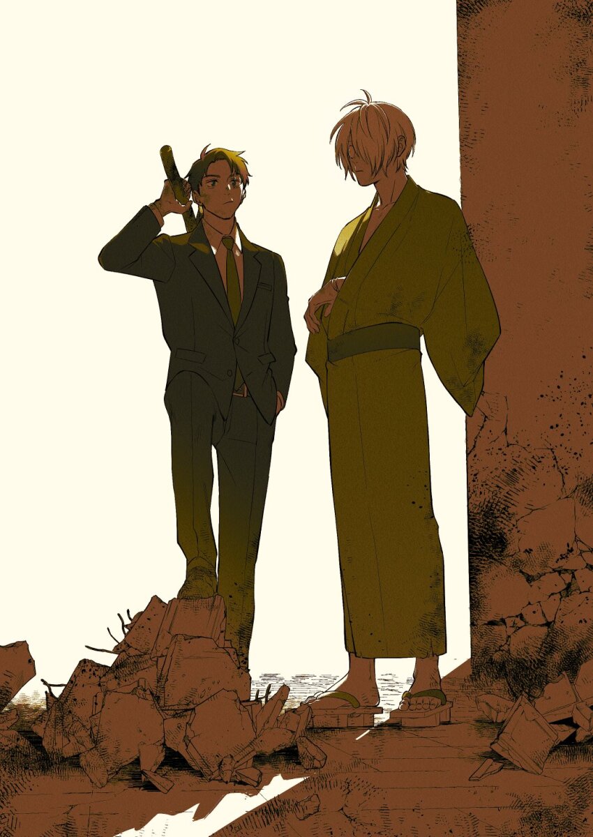 2boys :/ arm_out_of_sleeve arm_up belt belt_buckle black_hair black_pants black_suit buckle closed_mouth collarbone collared_shirt commentary_request curtained_hair debris formal_clothes gegege_no_kitarou geta green_kimono green_necktie highres jacket japanese_clothes kimono lapels layered_sleeves leg_up long_sleeves looking_ahead male_focus medama_oyaji_(human) mizuki_(gegege_no_kitarou) multiple_boys necktie notched_lapels obi pants parted_bangs sandals sash shirt short_hair suit suit_jacket urup_zzz white_hair white_shirt wing_collar yukata