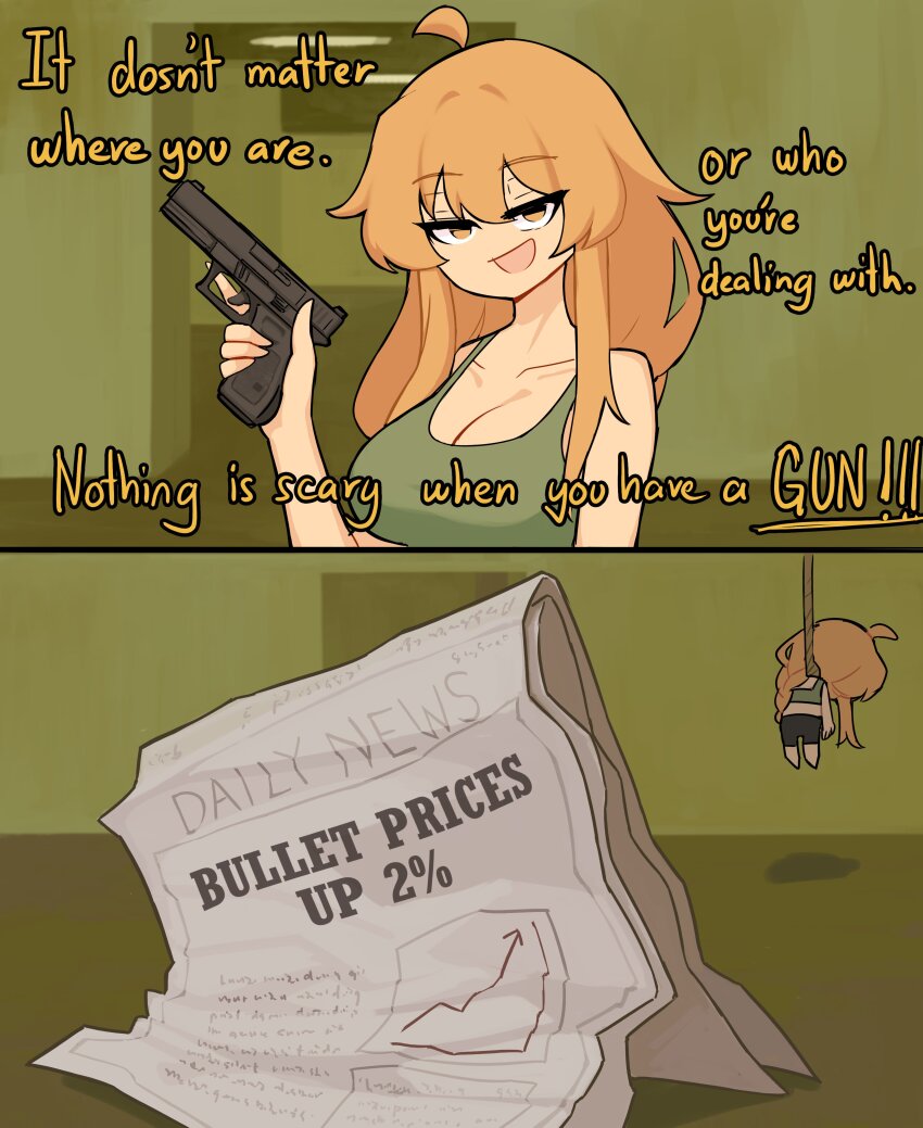 1girl :d absurdres ahoge backrooms_(creepypasta) bare_shoulders black_shorts braid breasts centurii-chan cleavage collarbone commentary english_commentary english_text graph green_tank_top gun hair_between_eyes hand_up hanged highres holding holding_gun holding_weapon large_breasts long_hair looking_at_viewer newspaper noose open_mouth orange_eyes orange_hair original shorts sleeveless smile suicide tank_top weapon