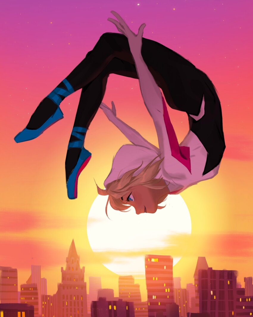 1girl backflip black_bodysuit blonde_hair blue_eyes bodysuit building city from_side gwen_stacy highres hood hooded_bodysuit marvel mingjue_helen_chen multicolored_bodysuit outdoors skyline skyscraper solo spider-gwen spider-man_(series) sunset white_bodysuit