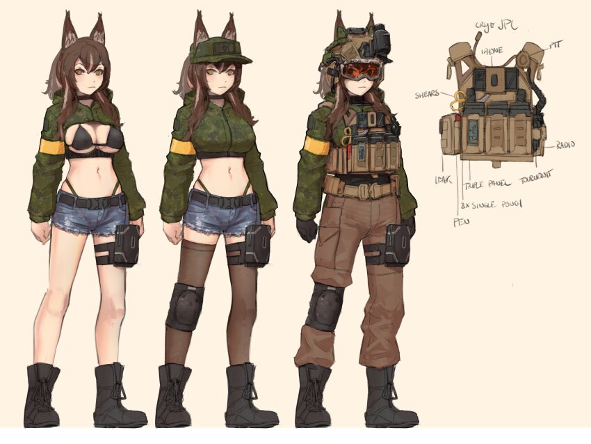 1girl absurdres ammunition_pouch animal_ear_fluff animal_ears_helmet animal_helmet armband belt bikini black_belt black_bikini black_choker black_footwear black_gloves black_thighhighs blue_shorts boots brown_background brown_hair brown_pantyhose bulletproof_vest callisto_(greyeth) camouflage camouflage_jacket canadian_flag cellphone reference_sheet choker closed_mouth commentary cropped_jacket cutoffs double-parted_bangs ears_through_headwear english_commentary english_text full_body gloves goggles helmet highres hood hooded_jacket iphone jacket knee_pads load_bearing_vest long_sleeves looking_at_viewer magazine_(weapon) navel night_vision_device notfuji original pants pants_tucked_in panty_straps pantyhose phone ponytail pouch red-tinted_eyewear scissors shorts simple_background single_knee_pad smartphone swimsuit thigh_pouch thighhighs tinted_eyewear variations walkie-talkie yellow_armband yellow_eyes