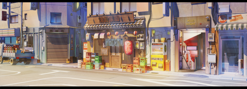 3d air_conditioner arsenixc artist_collaboration building game_cg highres motor_vehicle no_humans official_art official_wallpaper original outdoors pickup_truck road scenery shop street truck vvcephei