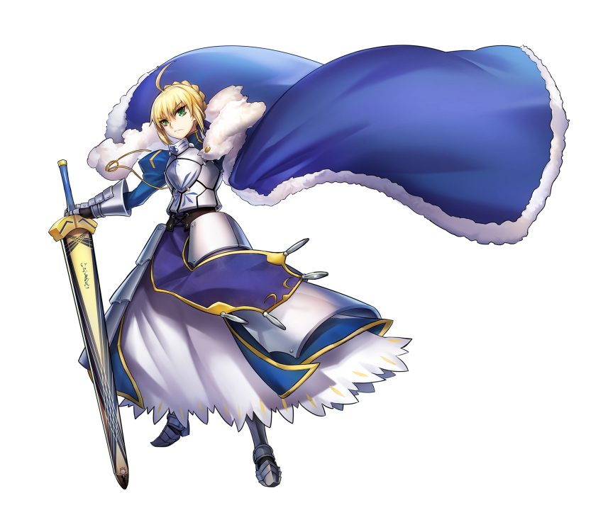 1girl ahoge armor armored_dress artoria_pendragon_(fate) blonde_hair blue_cape blue_dress blue_ribbon cape dress excalibur_(fate/stay_night) fate/stay_night fate_(series) female_focus full_body gauntlets green_eyes hair_between_eyes hair_ribbon highres holding holding_sword holding_weapon ribbon saber_(fate) short_hair simple_background solo standing sword todee weapon white_background