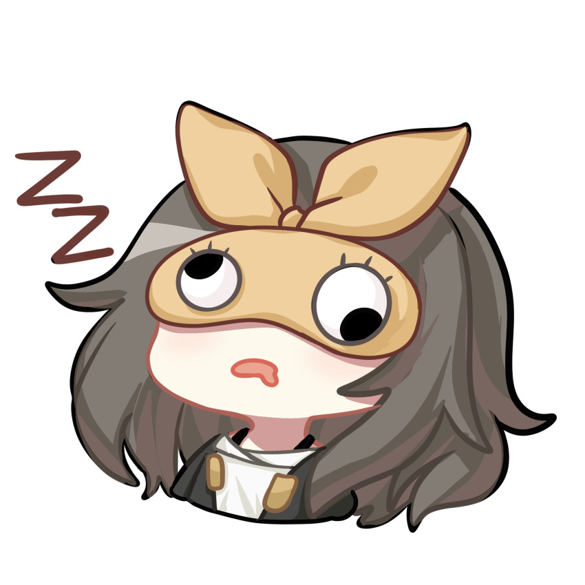 1girl 6_9 black_jacket bow chibi chinese_commentary commentary_request drooling grey_hair highres honkai:_star_rail honkai_(series) jacket long_hair messy_hair mouth_drool portrait shirt sleep_mask sleeping solo trailblazer_(honkai:_star_rail) stelle_(honkai:_star_rail) transparent_background white_shirt xiaotongxuto yellow_bow zzz