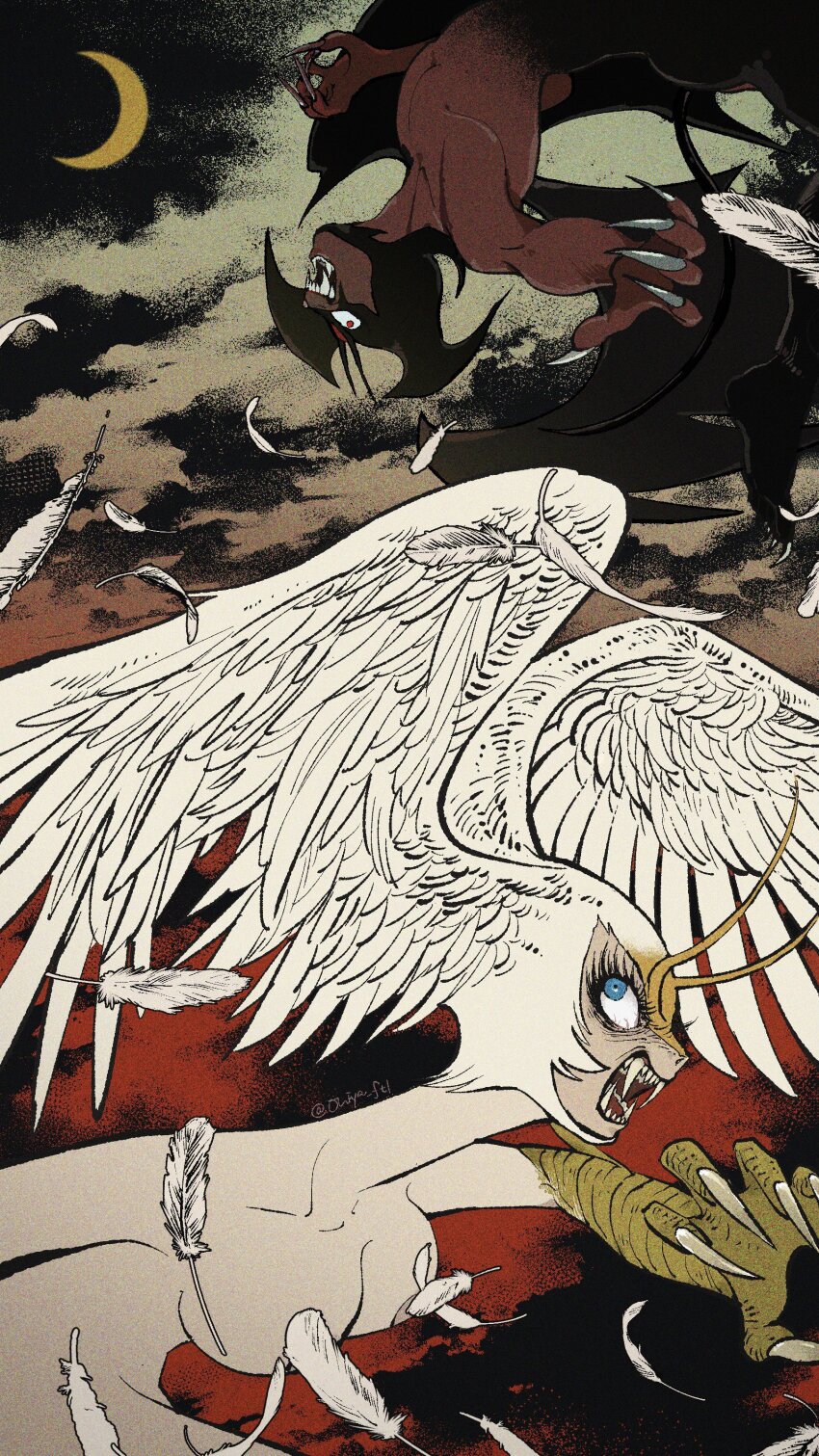 1boy 1girl absurdres angel_and_devil blue_eyes breasts claws cloud dark_skin demon demon_boy demon_wings devilman devilman_(character) eyelashes feather_hair feathered_wings feathers half-harpy head_wings highres large_head_wings medium_breasts monster_girl moon night ohiya_ft1 open_mouth sharp_teeth sirene_(devilman) talons teeth white_feathers wings