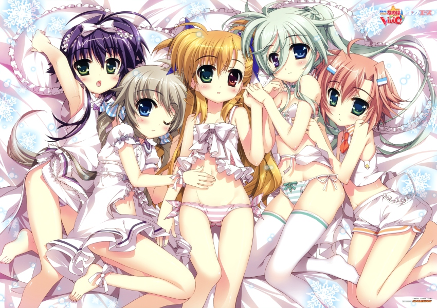10s 5girls :o absurdres ahoge armpits ascot bare_legs bare_shoulders barefoot bed blonde_hair blue_eyes blush bow brown_hair child choker corona_timir einhard_stratos fang feet flat_chest fujima_takuya green_eyes green_hair grey_hair groin hair_bow hair_ornament hairclip hand_on_another&#039;s_stomach heterochromia highres hug interlocked_fingers long_hair looking_at_viewer lowleg lowleg_panties lying lyrical_nanoha mahou_shoujo_lyrical_nanoha mahou_shoujo_lyrical_nanoha_vivid midriff miura_rinaldi multiple_girls navel official_art on_back on_side one_eye_closed open_mouth pajamas panties pillow purple_hair rio_wezley short_hair shorts side-tie_panties striped_clothes striped_panties thighhighs toes twintails underwear very_long_hair vivio white_legwear wink