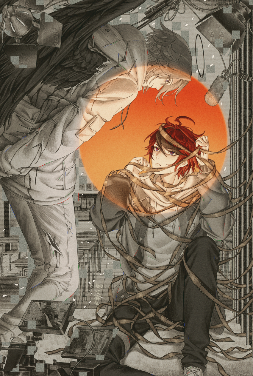 2boys 7nite absurdres ahoge aotsuki_eito black_blood black_halo black_streaks black_wings blood blue_eyes chinese_commentary drawstring entangled feathered_wings film_strip glasses glitch grey_hair greyscale halo highres hood hoodie impaled jacket jacket_over_hoodie leaning_forward male_focus microphone monochrome multicolored_hair multiple_boys pants red_hair short_hair spikes spoilers spot_color spotlight stage_lights streaked_hair sumino_takumi sweat the_hundred_line_-last_defense_academy- torn_clothes torn_pants weibo_username wings