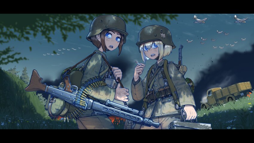 2girls aircraft airplane ammunition ammunition_belt ammunition_box ammunition_pouch bipod blonde_hair blue_eyes bolt_action breast_pocket brown_hair bullet buttons c-47 camouflage canteen cigarette cloud collar_tabs combat_helmet convenient_censoring day erica_(naze1940) german_commentary gun gun_sling hair_between_eyes handle helmet highres holding holding_cigarette holding_gun holding_weapon invasion_stripes jacket krista_(erica_(naze1940)) leyna_koch load_bearing_equipment long_sleeves machine_gun mauser_98 mg42 military military_combat_uniform military_uniform military_vehicle multiple_girls open_mouth original outdoors pants pocket pouch propeller_fighter reichsadler rifle short_hair sidelocks sky smoke smoke_trail smoking soldier stahlhelm standing teeth upper_body upper_teeth_only weapon wehrmacht world_war_ii