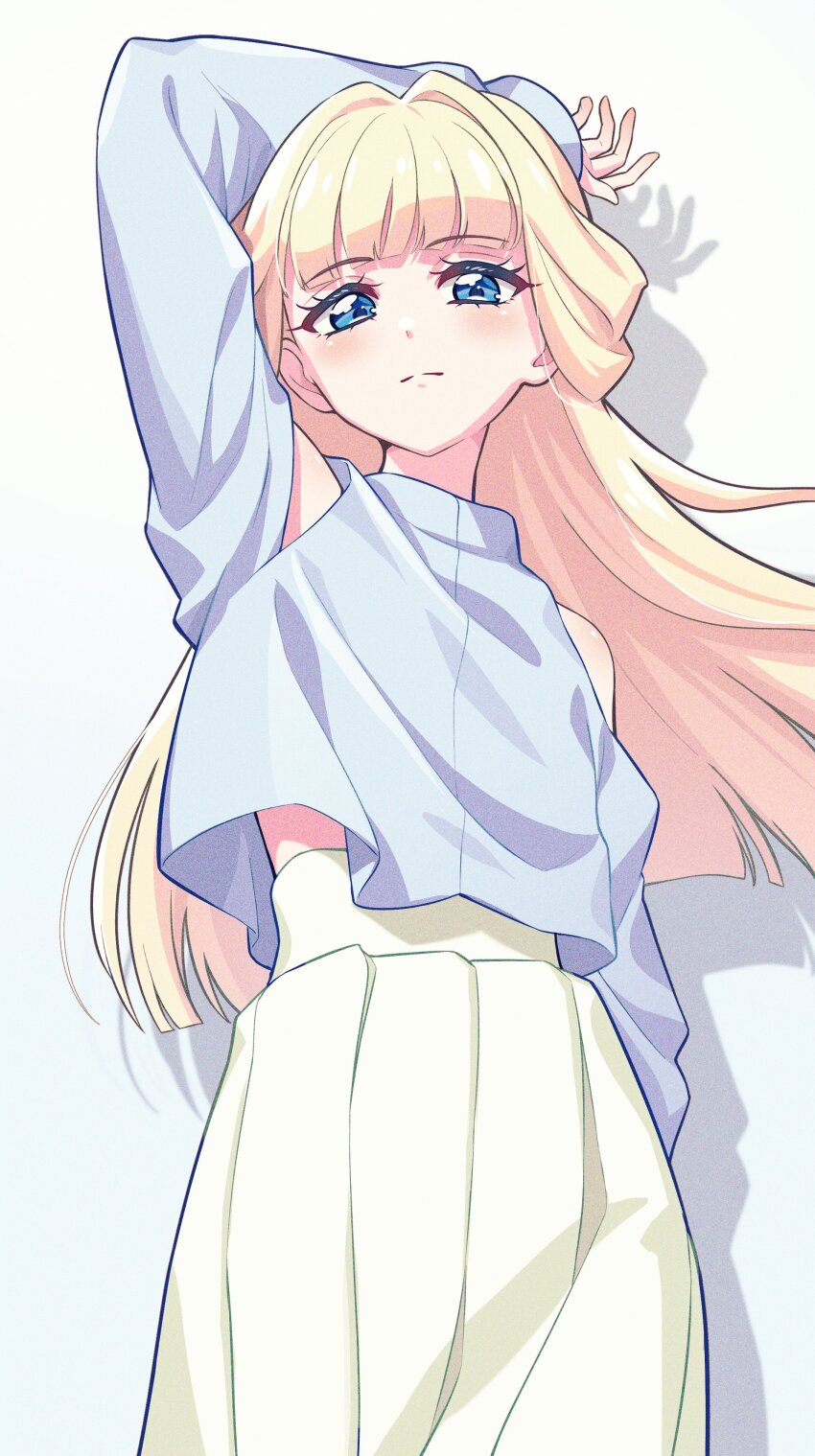 1girl absurdres arm_up blonde_hair blouse blue_eyes blue_shirt blunt_bangs closed_mouth clothing_cutout drop_shadow eyelashes high-waist_skirt highres light_smile long_hair looking_at_viewer nekoyashiki_yuki precure rice_rabbit22 shirt shoulder_cutout simple_background skirt sleeves_past_wrists solo straight_hair white_background white_skirt wonderful_precure!