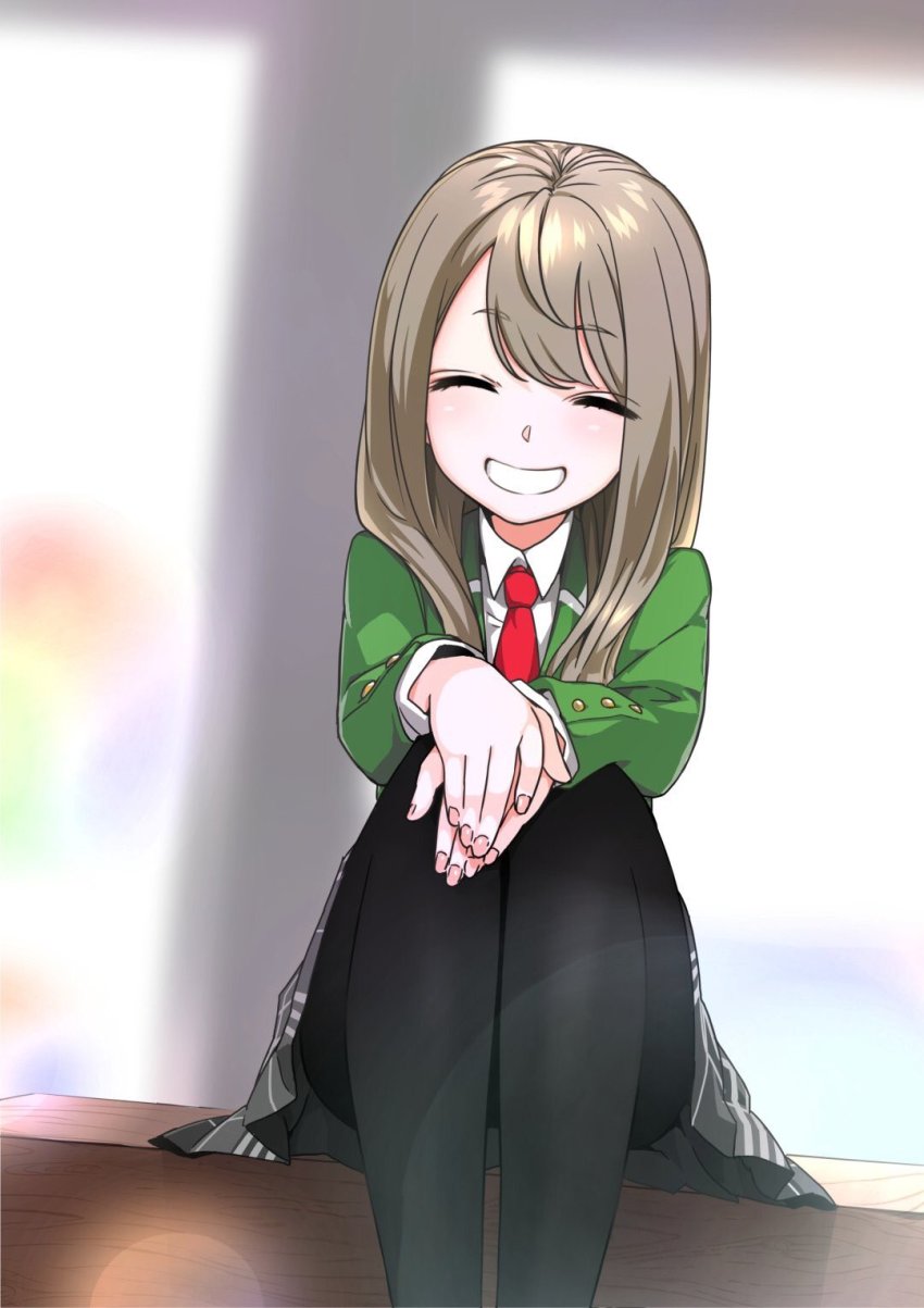 #compass 1girl black_pantyhose black_skirt brown_hair character_request closed_eyes commentary_request cowboy_shot facing_viewer female_focus fingernails green_blazer hands_on_own_knees highres legs_together long_hair nail_polish necktie niconico pantyhose pink_nails plaid_clothes plaid_skirt poaro red_necktie school_uniform sitting skirt smile solo thighs window windowsill
