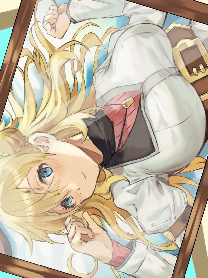 1girl absurdres agnes_claudel blonde_hair blue_eyes breasts bun_with_braided_base cancanbaobao55 coat double-parted_bangs eiyuu_densetsu hair_between_eyes hair_bun highres jewelry kai_no_kiseki kuro_no_kiseki_(series) large_breasts long_hair looking_at_viewer pendant picture_frame single_side_bun smile solo