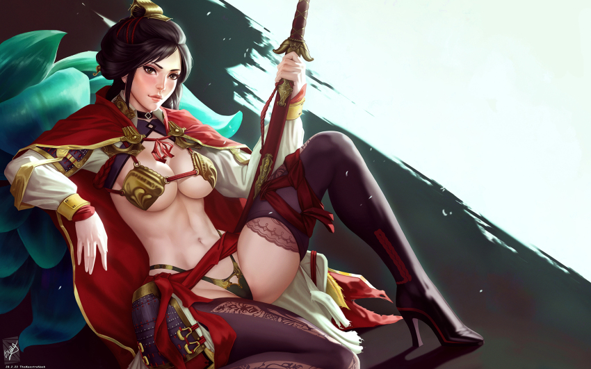 1girl armor artist_name black_choker black_hair black_panties boots breasts brown_background cape character_request chinese_clothes choker copyright_request dated flower green_flower groin hair_ornament high_heels highres holding holding_weapon jian_(weapon) knee_up large_breasts leaning_back long_sleeves navel panties purple_boots red_cape see-through_clothes see-through_legwear sheath sheathed shiny_skin short_hair signature smile solo stomach themaestronoob thigh_boots thighhighs total_war total_war:_three_kingdoms underwear weapon white_background