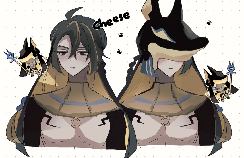1boy ancient_egyptian_architecture ancient_egyptian_clothes ancient_egyptian_hat burnt_cheese_cookie character_name chibi cookie_run covered_eyes expressionless highres holding holding_staff humanization looking_at_viewer mamimumemo multicolored_hair multiple_persona personification solo staff topless_male two-tone_hair