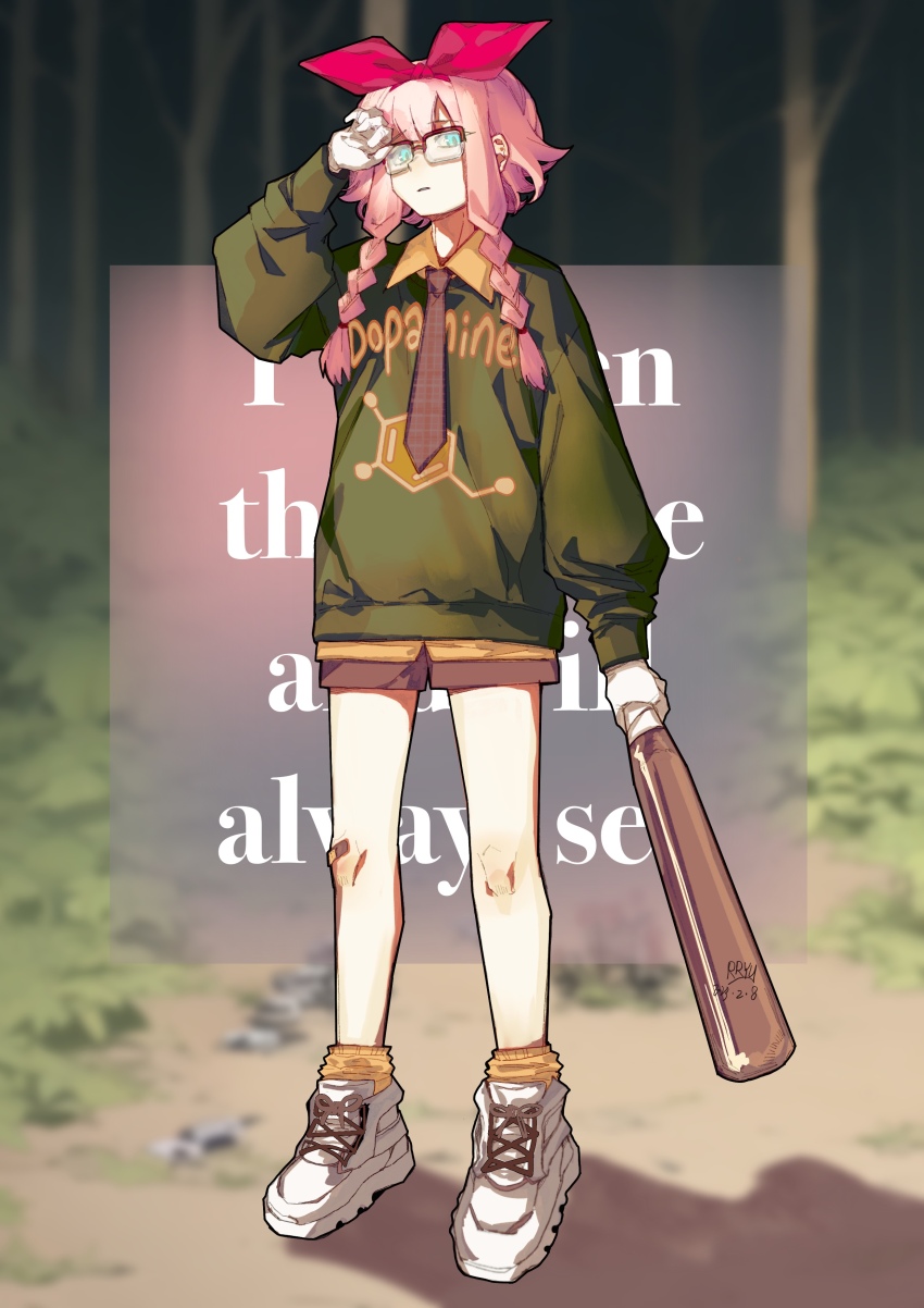 1girl absurdres alternate_costume arknights artist_name bandaid bandaid_on_knee bandaid_on_leg baseball_bat blue_eyes bow braid chemical_structure dated english_text forest gloves green_sweater hair_bow highres holding holding_baseball_bat may_(arknights) nature orange_shirt orange_socks outdoors pink_hair rectangular_eyewear red_bow rryy semi-rimless_eyewear shirt shoes short_hair_with_long_locks sneakers socks solo sweater twin_braids white_gloves white_shoes