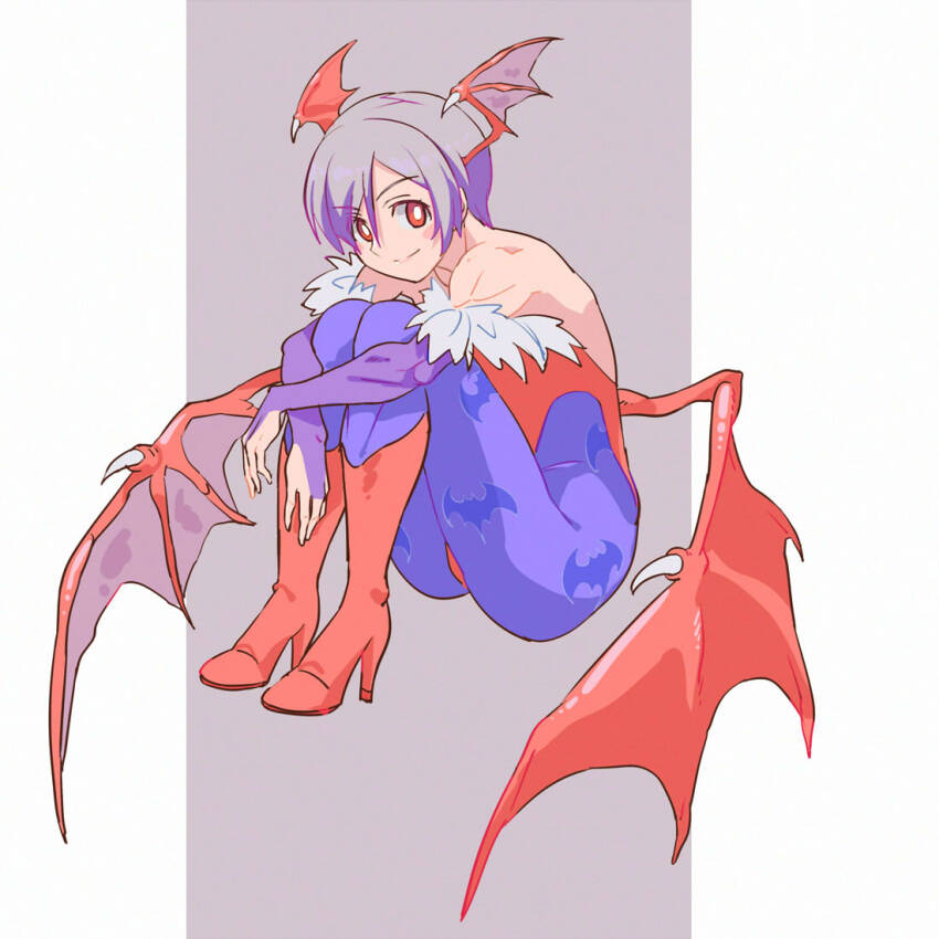 1girl animal_print bat_print bat_wings boots commentary darkstalkers demon_girl full_body fur-trimmed_leotard fur_trim futa_yuri_ryona head_wings high_heels hugging_own_legs knee_boots leotard lilith_(darkstalkers) looking_at_viewer low_wings purple_hair purple_leotard red_boots red_eyes red_leotard short_hair smile solo wings