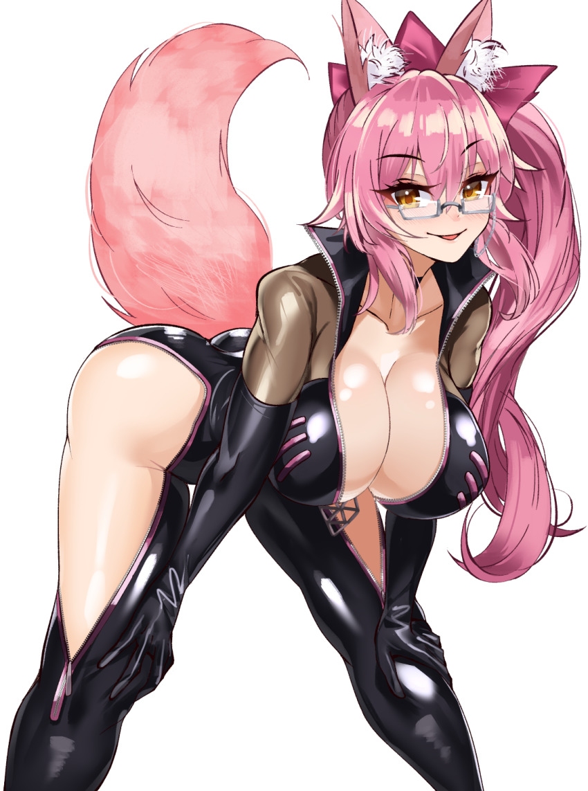 1girl animal_ear_fluff animal_ears black_bodysuit blush bodysuit bow breasts center_opening choker cleavage eyewear_strap fate/grand_order fate_(series) fox_ears fox_girl fox_tail glasses hair_between_eyes hair_bow highres hip_vent koyanskaya_(assassin)_(first_ascension)_(fate) koyanskaya_(fate) large_breasts leaning_forward long_hair looking_at_viewer open_mouth pink_bow pink_hair ponytail sidelocks smile tail tamamo_(fate) thighs volyz yellow_eyes