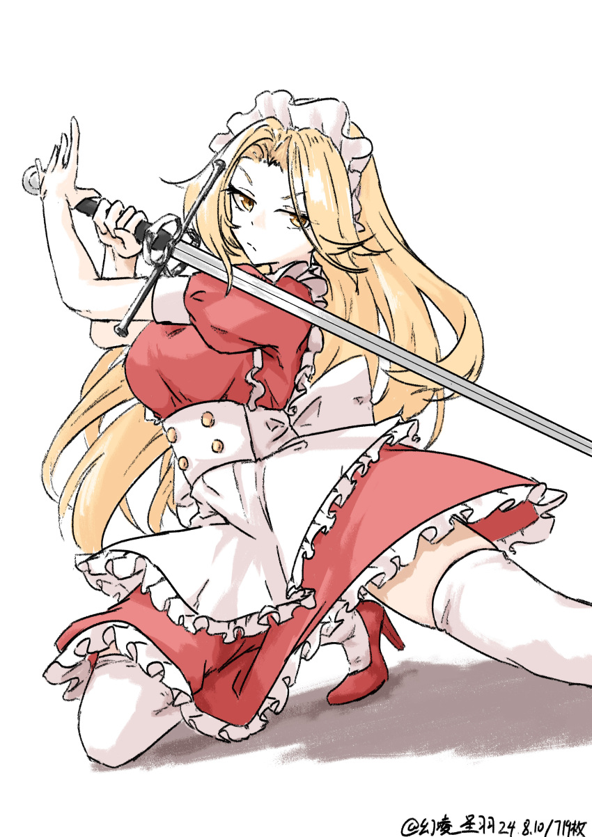 1girl absurdres blonde_hair dress frilled_dress frills highres holding holding_sword holding_weapon long_hair looking_at_viewer maid_headdress one-hour_drawing_challenge red_dress simple_background solo sword thighhighs touhou touhou_(pc-98) ve1024 weapon white_background white_thighhighs yellow_eyes yumeko_(touhou)
