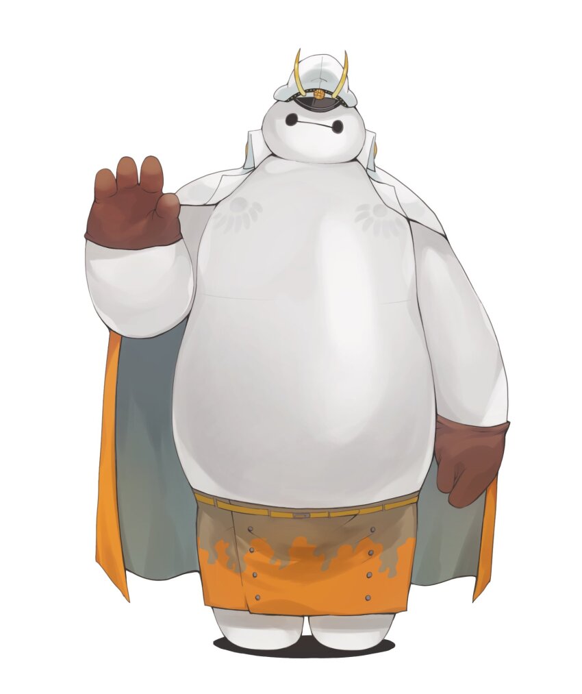 1boy arm_up baymax belly big_hero_6 brown_gloves cape cosplay crossover fake_horns full_body gloves hat high_collar highres horns ikuchi_osutega male_focus one_piece peaked_cap robot sasaki_(one_piece) sasaki_(one_piece)_(cosplay) simple_background solo standing two-tone_cape white_background white_cape yellow_cape
