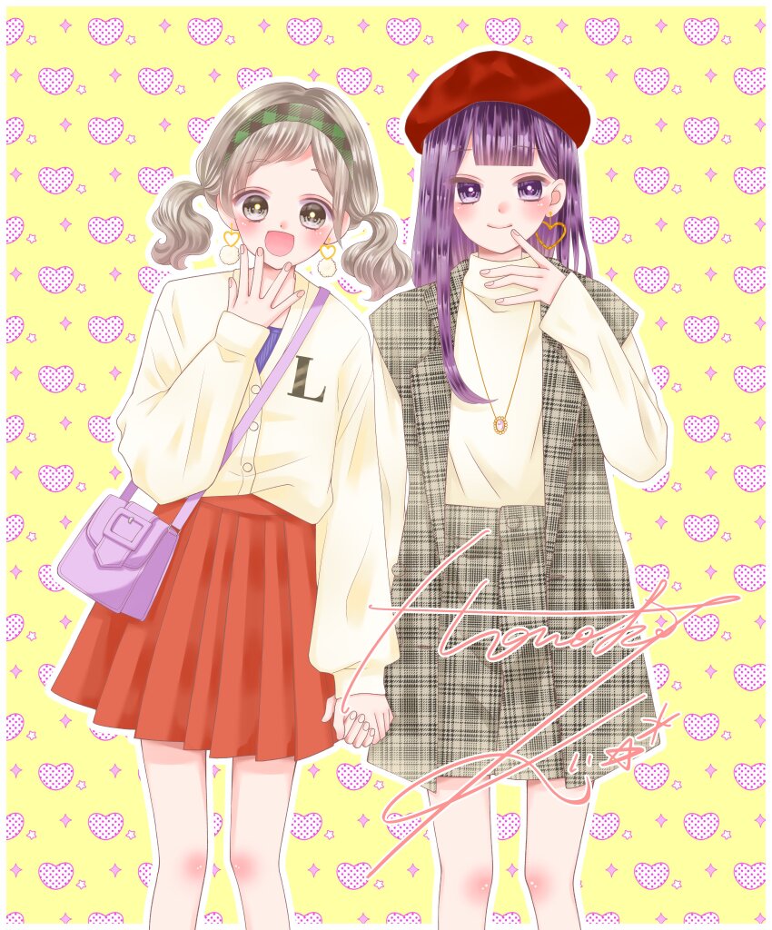 2girls :d absurdres alphabet amano_akari_(leo_to_mikazuki) bag beret black_hairband blue_shirt blunt_bangs blush bright_pupils cardigan center-flap_bangs closed_mouth coat commentary_request diamond_(shape) earrings feet_out_of_frame fingernails green_hairband grey_coat grey_eyes grey_hair grey_skirt hair_behind_ear hairband handbag hat heart heart_background heart_earrings highres holding_hands jewelry kinoshita_honoka knee_blush leo_to_mikazuki long_hair long_sleeves looking_at_viewer low_twintails medium_hair multiple_girls necklace open_mouth outline pink_nails plaid_clothes plaid_coat plaid_hairband plaid_skirt pleated_skirt purple_bag purple_eyes purple_hair red_headwear red_skirt shirt shirt_tucked_in shoulder_bag side-by-side signature skirt sleeveless sleeveless_coat sleeves_past_wrists smile star_(symbol) straight-on takizawa_honoka turtleneck twintails white_cardigan white_outline white_pupils white_shirt yellow_background