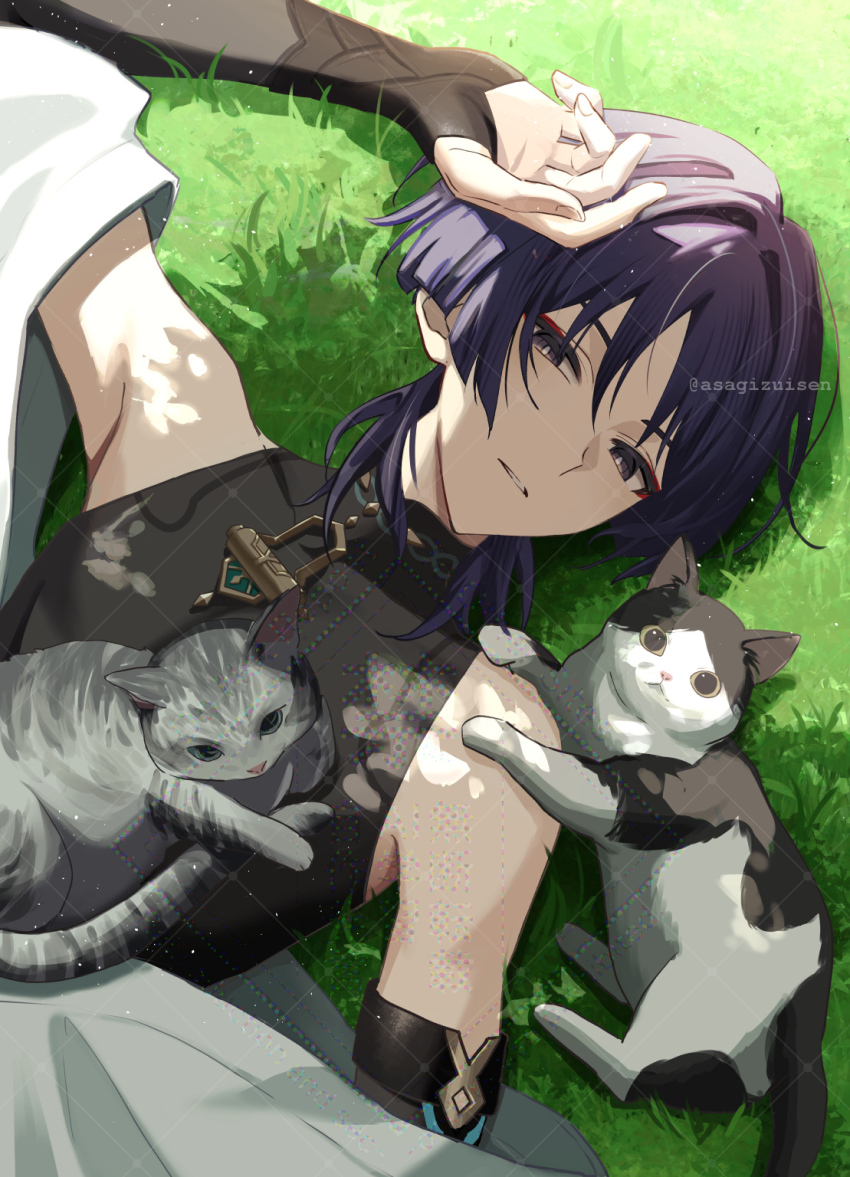 1boy arm_at_side arm_up armor asagizuisen bishounen black_bodysuit black_bridal_gauntlets black_eyes black_hair blunt_ends bodysuit bridal_gauntlets cat cat_on_chest clothes_down covered_collarbone curled_fingers eyeliner eyeshadow fingernails from_above genshin_impact grass hair_intakes hand_on_own_head highres japanese_armor japanese_clothes kimono kote kurokote looking_at_viewer lying makeup male_focus mandarin_collar on_back on_grass parted_lips red_eyeliner red_eyeshadow scaramouche_(genshin_impact) shadow solo tsurime twitter_username wanderer_(genshin_impact) watermark watermark_grid white_kimono white_mouth wispy_bangs