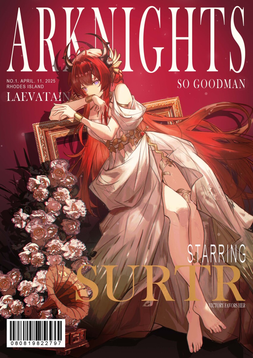 1girl absurdres arknights barcode bare_shoulders barefoot bracelet brown_horns character_name chromatic_aberration copyright_name cover covered_mouth dated dress fake_magazine_cover feet flower full_body gold gold_bracelet highres horns jewelry light_particles long_hair looking_at_viewer magazine_cover manche5ter phonograph picture_frame purple_eyes red_hair rose solo surtr_(arknights) toes very_long_hair white_dress white_flower white_rose
