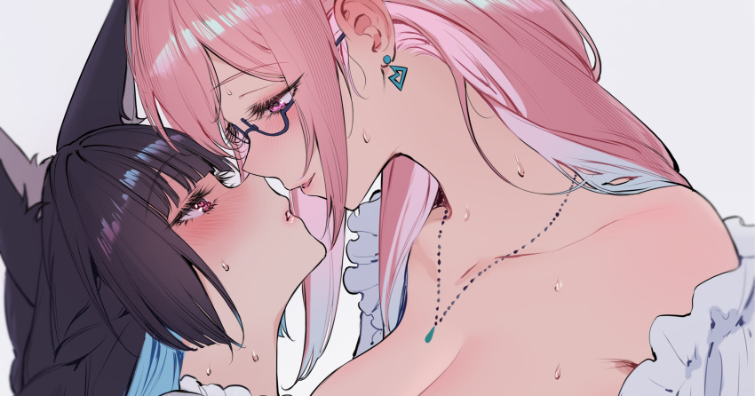 2girls animal_ear_fluff animal_ears black_hair blunt_bangs blush breasts cleavage collarbone cropped earrings eye_contact fox_ears fox_girl glasses highres hoshimi_miyabi imminent_kiss jewelry long_hair looking_at_another multiple_girls necklace paid_reward_available parted_lips pink_eyes pink_hair qiandaiyiyu red_eyes sidelocks simple_background smile tsukishiro_yanagi upper_body variant_set yuri zenless_zone_zero