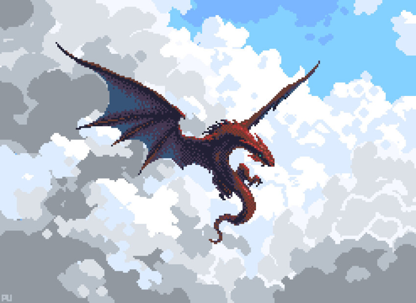 artist_name blue_sky cloud day dragon fantasy flying no_humans original outdoors philipp_urlich pixel_art sky wyvern