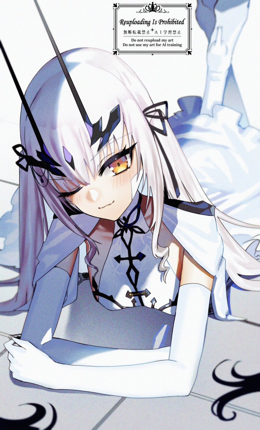 1girl breasts capelet dress elbow_gloves fate/grand_order fate_(series) forked_eyebrows gloves high_heels highres horns kabosoi_mangaka long_hair looking_at_viewer lying melusine_(fate) melusine_(fgo_fes._2025)_(fate) on_stomach one_eye_closed sidelocks small_breasts smile solo thighs white_capelet white_dress white_gloves white_hair yellow_eyes