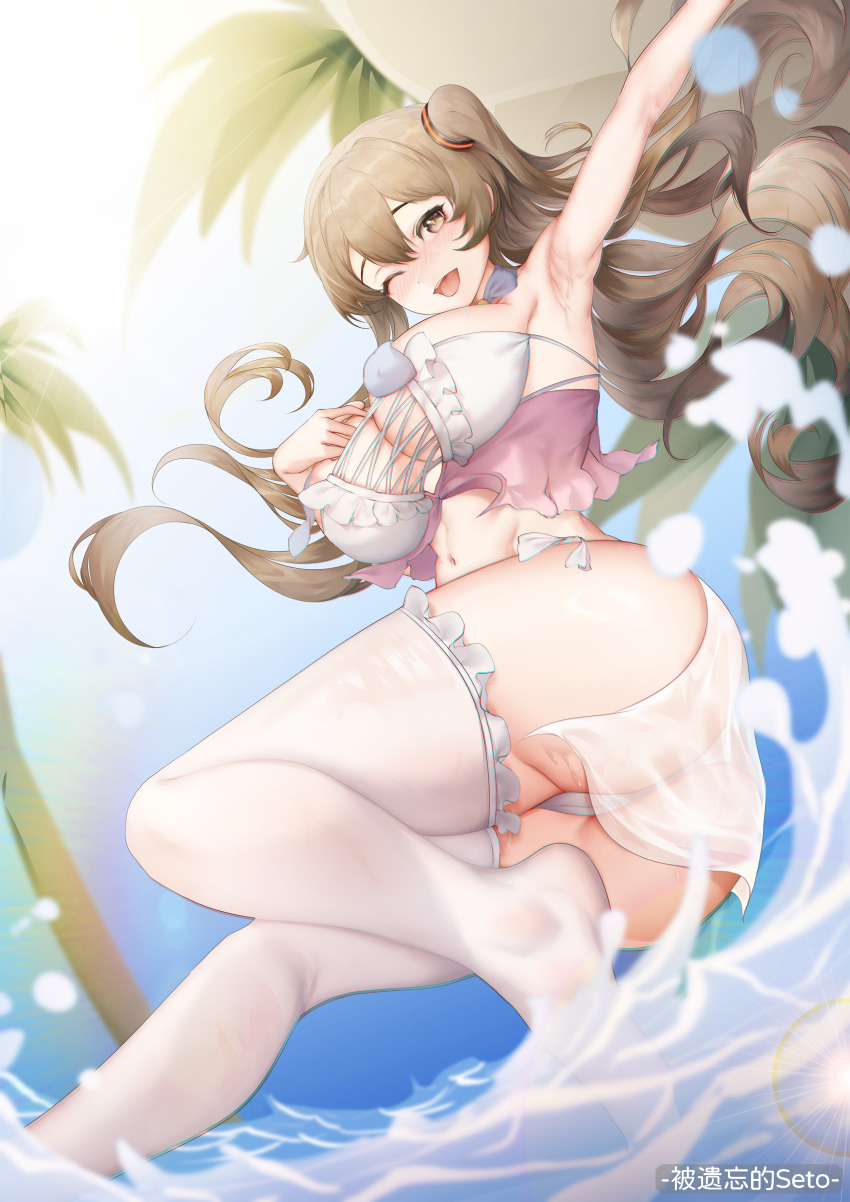 1girl ;d absurdres arm_up armpits ass beach blush breasts brown_eyes brown_hair crop_top cross-laced_clothes cross-laced_top curly_hair day from_below full_body girls&#039;_frontline girls&#039;_frontline_2:_exilium hair_between_eyes hand_on_own_chest highres k2_(girls&#039;_frontline) large_breasts legs long_hair looking_at_viewer looking_down midriff navel ocean one_eye_closed open_mouth outdoors panties side_ponytail smile solo splashing standing standing_on_one_leg thatob thighhighs thighs underwear variant_set very_long_hair wet wet_clothes white_panties yoohee_(girls&#039;_frontline_2) yoohee_(miracle_sweetheart)_(girls&#039;_frontline_2)