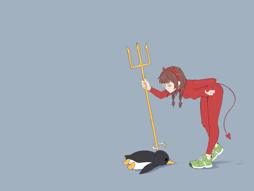 bird bodysuit braid confused demon_horns demon_tail devil_costume dizzy highres horns linux looking_down penguin poking polearm rida_(vibrantrida) shoes sneakers tail teasing trident tux twin_braids twintails vibrantrida weapon