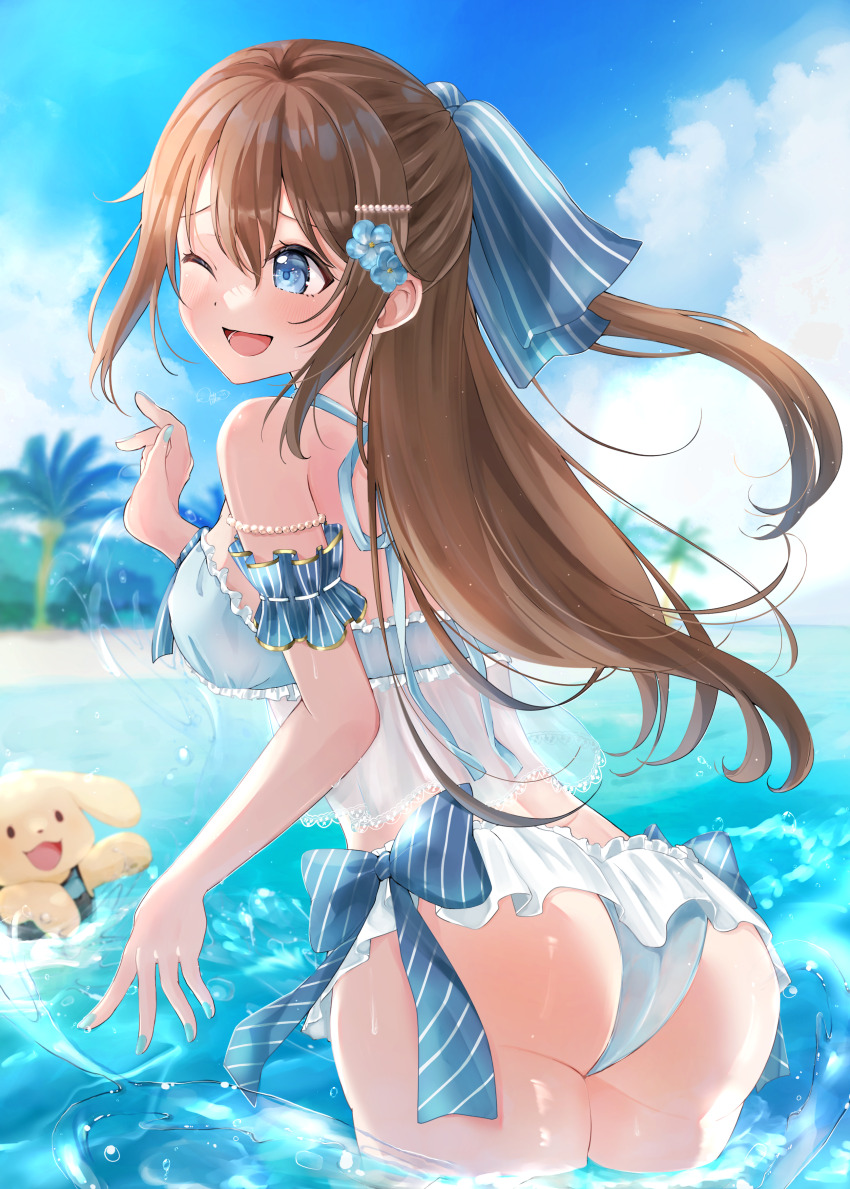 1girl ;d absurdres arm_cuffs ass bikini blue_bikini blue_bow blue_eyes blue_flower blurry blurry_background bow bow_bikini breasts brown_hair commentary dog flower frilled_bikini frilled_cuffs frills from_behind hair_between_eyes hair_bow hair_flower hair_ornament hairclip half_updo halterneck highres long_hair love_live! love_live!_nijigasaki_high_school_idol_club medium_breasts nyako_(utaneko31) osaka_shizuku_(odaiba_beach_girl) one_eye_closed open_mouth ophelia_(love_live!) osaka_shizuku ponytail sidelocks smile solo splashing swimsuit wading