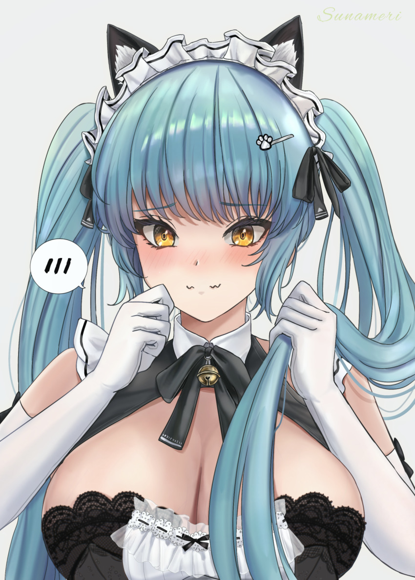 1girl animal_ears aqua_hair bell blush breasts cat_ears cleavage commentary_request elbow_gloves fake_animal_ears gloves goddess_of_victory:_nikke highres long_hair maid maid_headdress neck_bell official_alternate_costume paw_hair_ornament privaty_(nikke) privaty_(unkind_maid)_(nikke) simple_background solo spoken_blush sunameri_(pixiv3564245) twintails upper_body very_long_hair white_background white_gloves yellow_eyes