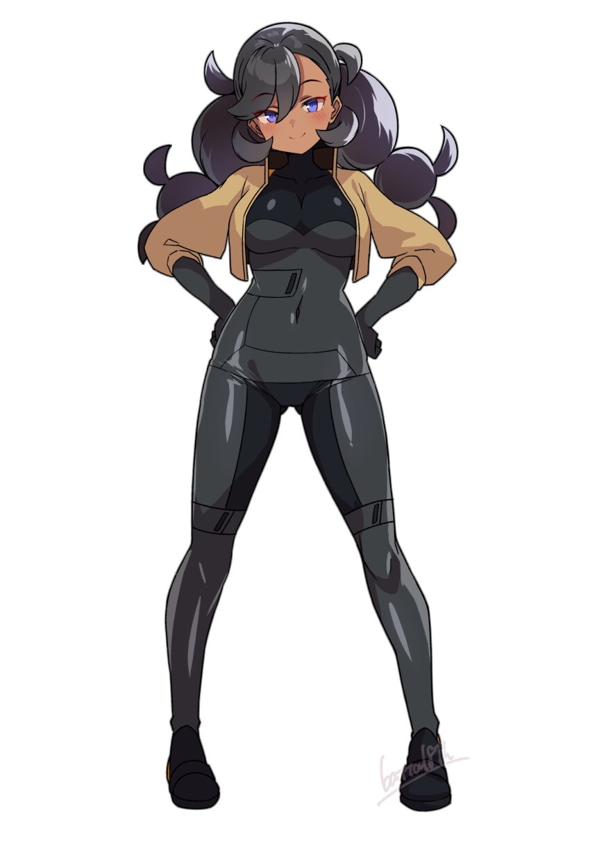 batta_16-sei black_bodysuit black_gloves bodysuit breasts brown_jacket covered_navel dark-skinned_female dark_skin emma_(pokemon) full_body gloves hands_on_own_hips highres jacket large_breasts looking_at_viewer nintendo open_clothes open_jacket pokemon pokemon_legends:_z-a pokemon_xy simple_background standing twintails white_background