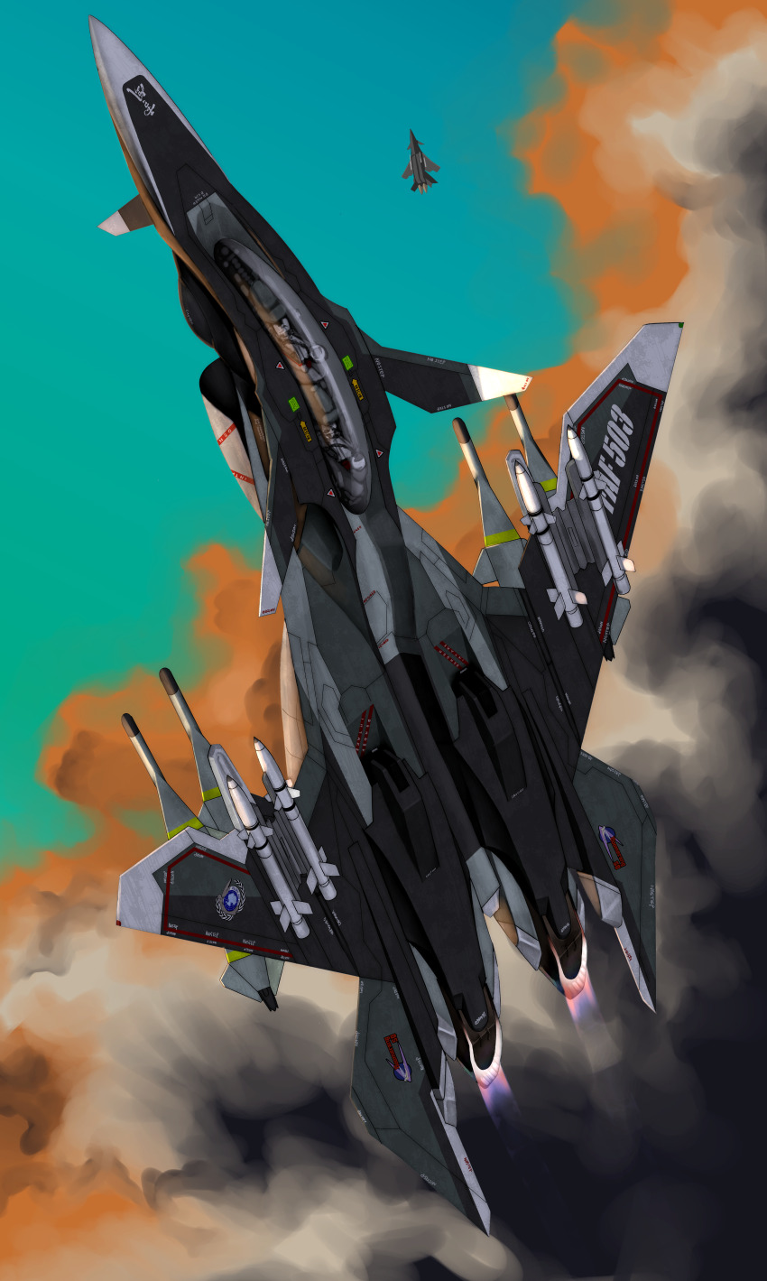 absurdres aircraft airplane cloud cockpit contrail dusk fighter_jet flying highres kimuwaipu military military_vehicle missile pilot roundel science_fiction sentou_yousei_yukikaze sky variable_fighter vehicle_focus