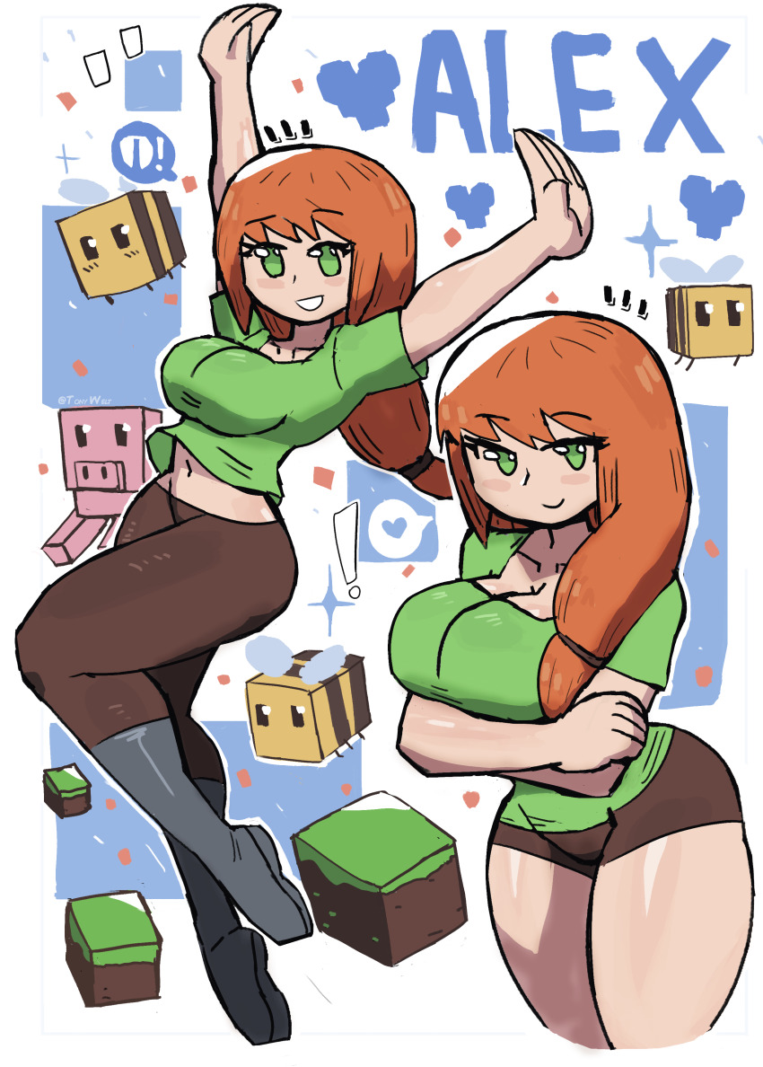 ! 1girl absurdres alex_(minecraft) animal arms_up bee bee_(minecraft) block_(object) blush boots breasts brown_pants brown_shorts bug cleavage collarbone confetti crossed_arms green_eyes green_shirt grey_footwear grin heart highres insect large_breasts long_hair looking_at_viewer minecraft navel orange_hair pants pig pig_(minecraft) ponytail shirt short_sleeves shorts smile sparkle spoken_heart standing standing_on_one_leg teeth tony_welt white_background