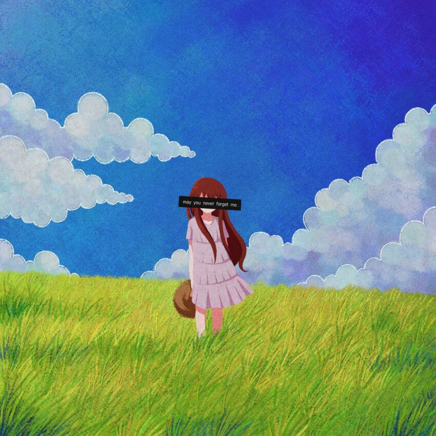 1girl bar_censor blue_sky brown_hair censored censored_identity cloud commentary cryptidhermit day dress english_commentary english_text facing_viewer field grass grey_dress hat highres holding holding_unworn_clothes holding_unworn_hat long_hair outdoors oyasumi_punpun sky solo straw_hat summer tanaka_aiko unworn_hat unworn_headwear very_long_hair