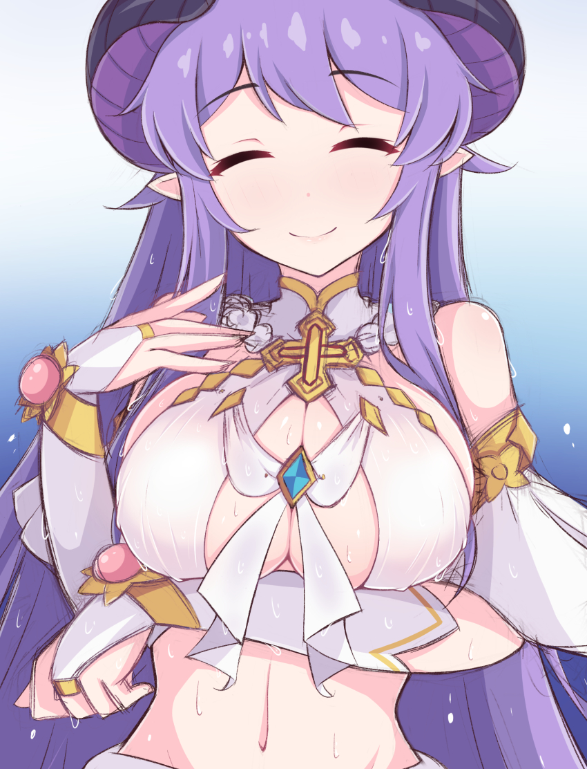 1girl absurdres arm_under_breasts bare_shoulders blue_background breasts closed_eyes closed_mouth commentary_request cosplay cross dancer demon_girl demon_horns detached_sleeves dragon_girl dragon_horns gradient_background hair_flaps highres homare_(princess_connect!) horns kuroha_koudai large_breasts light_blush long_hair long_sleeves looking_at_viewer navel pointy_ears princess_connect! purple_hair sideboob sidelocks smile solo stomach upper_body very_long_hair yui_(ceremonial)_(princess_connect!) yui_(princess_connect!) yui_(princess_connect!)_(cosplay)