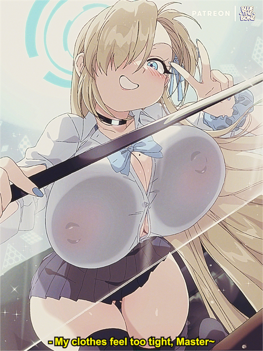 1990s_(style) 1girl against_glass artist_logo artist_name asuna_(blue_archive) asuna_(school_uniform)_(blue_archive) backlighting blonde_hair blue_archive blue_eyes blue_nails bluethebone blush breast_press breasts breasts_on_glass bursting_breasts button_gap choker cleavage covered_erect_nipples curvy english_text gluteal_fold hair_over_one_eye halo highres huge_breasts logo long_hair looking_at_viewer miniskirt mole mole_on_breast nail_polish no_bra retro_artstyle school_uniform scrunchie see-through_clothes skirt smile solo subtitled sweat thigh_gap undersized_clothes wrist_scrunchie