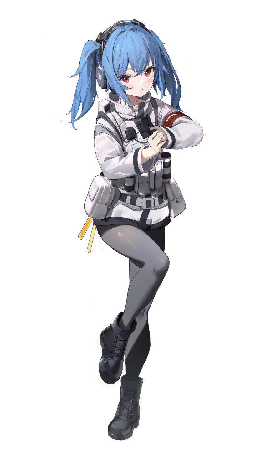 1girl 2t_(vmyz7342) absurdres black_boots blue_hair blush boots colphne_(girls&#039;_frontline_2) commentary_request full_body girls&#039;_frontline girls&#039;_frontline_2:_exilium grey_pantyhose gun handgun headphones highres holding holding_gun holding_weapon jacket long_hair long_sleeves looking_at_viewer pantyhose parted_lips pistol pocket_pistol red_eyes simple_background solo standing standing_on_one_leg taurus_curve twintails weapon white_background white_jacket