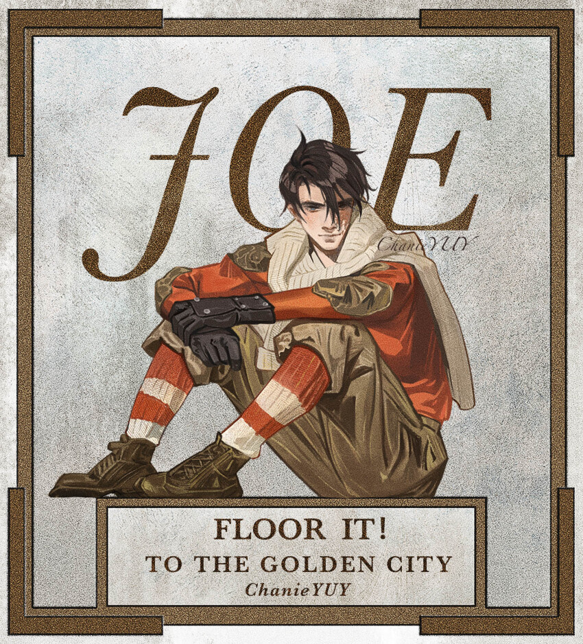 1boy arms_on_knees artist_name black_gloves black_hair border brown_border brown_footwear brown_pants burn_scar chanieyuy character_name english_text from_side full_body gloves grey_background highres j_(reverse:1999) jacket looking_at_viewer male_focus pants pants_tucked_in red_jacket red_socks reverse:1999 scar scar_on_face scarf short_hair sitting smile socks solo striped_clothes striped_socks two-tone_socks white_scarf white_socks