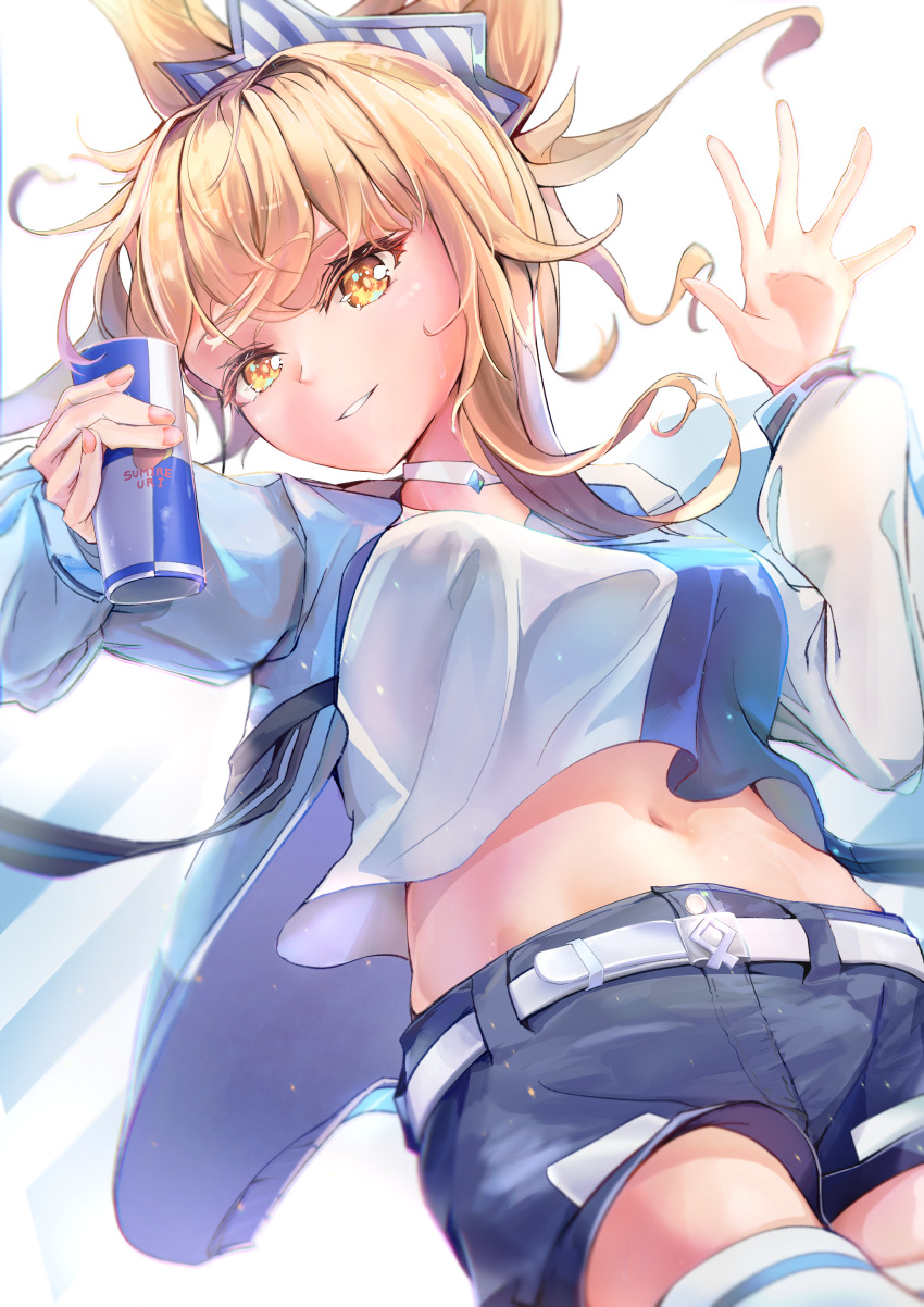 1girl absurdres belt black_shorts blonde_hair blue_jacket blue_shirt breasts commentary_request drink genshin_impact grin hair_ornament highres holding holding_drink hooriyuu jacket lawson long_sleeves looking_at_viewer medium_breasts midriff multicolored_jacket navel official_alternate_costume shirt shorts simple_background smile solo stomach thighhighs two-tone_jacket two-tone_shirt waving white_background white_belt white_jacket white_shirt white_thighhighs yellow_eyes yoimiya_(genshin_impact) yoimiya_(lawson)_(genshin_impact)